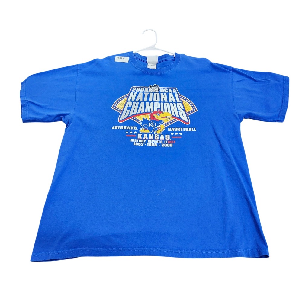 KANSAS MENS XL BLUE NCAA 2008 NATIONAL CHAMPIONS BASKETBALL GILDAN EUC